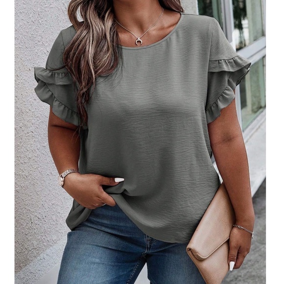 Plus Burgundy Solid Ruffle Petal Short Sleeve Top - Picture 15 of 15